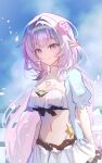  1girl bikini bikini_skirt blue_eyes blue_jacket blue_sky breasts cleavage closed_mouth commentary_request day elf elysia_(honkai_impact) elysia_(miss_pink_elf)_(honkai_impact) elysia_(summer_miss_elf)_(honkai_impact) flower hair_flower hair_ornament highres honkai_(series) honkai_impact_3rd jacket kanjian_wo_de_jiangyoule_ma large_breasts long_hair long_pointy_ears looking_at_viewer navel official_alternate_costume outdoors petals pink_flower pink_hair pink_petals pink_pupils pink_rose pointy_ears rose sky smile solo stomach swimsuit upper_body white_bikini 