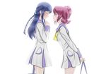  aida_mana arms_behind_back blue_hair blue_sailor_collar blush braid closed_eyes couple dokidoki!_precure flipped_hair hair_ornament hair_ribbon hishikawa_rikka imminent_kiss long_hair multiple_girls oogai_daiichi_middle_school_uniform pink_hair precure ribbon roaru_(gyuren) sailor_collar school_uniform serafuku shirt short_hair simple_background single_braid skirt white_background yuri 