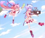  2girls :o asymmetrical_footwear asymmetrical_legwear bare_arms black_shoes black_socks blue_eyes blue_hair book bracelet braid camera clapperboard cloud commentary dress floating geta gynoid_talk hair_flaps highres hikimayu holding holding_book holding_camera jewelry kokodoko_(g_kkdk) long_hair low_twintails meika_hime meika_hime_(gynoid_talk) meika_mikoto meika_mikoto_(gynoid_talk) midair mismatched_footwear mismatched_legwear mismatched_socks multiple_girls outstretched_arms pink_eyes pink_hair red_shoes red_shorts red_socks rolled-up_book sailor_collar shoes shorts shorts_under_dress sky sleeveless sleeveless_dress socks tv_camera twintails very_long_hair video_camera vocaloid white_dress white_sailor_collar 