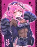  1girl aegyo_sal alternate_costume animal_ears artist_name belt beret black_belt black_bra black_choker black_hair black_hat black_hoodie black_pantyhose black_shirt blue_skirt blush bone_hair_ornament bra bra_peek breasts chain chattino_(raora_panthera) choker colored_tips commentary covered_armpit covered_navel cross ear_piercing english_commentary fish_hair_ornament fishnet_pantyhose fishnets floral_print hair_intakes hair_ornament hairclip hat heart highres hololive hololive_english hood hoodie jirai_kei long_sleeves looking_at_viewer making-of_available medium_hair multicolored_hair open_mouth panther_ears panther_girl panther_tail pantyhose paw_print piercing pink_background pink_hair pink_ribbon pink_tail plaid_clothes plaid_skirt raora_panthera raora_panthera_(goth) ribbon ribs rose_print safety_pin shensuwan shirt skirt sleeves_past_fingers sleeves_past_wrists smile solo spiked_choker spikes streaked_hair striped_clothes striped_hoodie subcul_jirai tail thighs underwear virtual_youtuber white_belt white_hair yellow_eyes zipper 