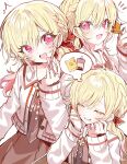  1girl :d ^^^ arm_at_side atataka_na_omoide_o_tadotte_(project_sekai) blonde_hair blush braid brown_dress brown_necktie bubble_tea cardigan closed_eyes collared_dress commentary dot_nose dress drooling elbow_rest gradient_hair hair_ornament hair_scrunchie hands_on_own_cheeks hands_on_own_face hands_up head_tilt highres holding holding_leaf leaf long_hair long_sleeves looking_at_viewer low_twintails multicolored_hair multiple_views necktie notice_lines official_alternate_costume official_alternate_hairstyle open_cardigan open_clothes open_mouth pink_eyes pink_hair project_sekai red_scrunchie scrunchie sidelocks siii_49 simple_background smile snack speech_bubble tenma_saki thought_bubble twintails untranslatable_commentary upper_body white_background white_cardigan 