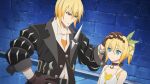  1boy 1girl artist_request belt black_belt black_coat blonde_hair blue_eyes bracelet brother_and_sister brown_choker brown_gloves brown_hairband brown_vest choker closed_mouth coat collarbone commentary cowboy_shot dress edna_(tales) eizen_(tales) english_commentary game_asset gloves green_ribbon hair_ribbon hairband hand_on_another's_head hand_on_own_hip headpat indoors jewelry looking_at_another looking_down official_art orange_shirt ribbon shirt short_hair siblings side_ponytail smile standing tales_of_(series) tales_of_berseria tales_of_the_rays tales_of_zestiria third-party_source vest white_dress white_shirt 