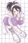 5_inaba apron black_hair blush brown_eyes commentary_request detached_sleeves fujibayashi_sheena grid_background hair_ornament heart heart_hands high_ponytail highres jacket jersey_maid leaning_forward loose_socks maid maid_headdress open_mouth pink_ribbon ponytail pout purple_jacket purple_ribbon ribbon sidelocks single_thighhigh socks spiked_hair tales_of_(series) tales_of_symphonia thighhighs track_jacket twitter_username unconventional_maid white_background 