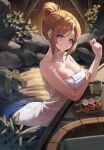  1girl absurdres akamin435 blue_eyes blush breasts brown_hair bucket cleavage commentary dango food gakuen_idolmaster green_tea hair_bun highres himesaki_rinami idolmaster large_breasts looking_at_viewer mitarashi_dango naked_towel onsen partially_submerged rock sanshoku_dango single_hair_bun smile solo steam tea towel wagashi water wooden_bucket wooden_wall 