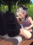 1girl ahoge arm_support bare_arms bench bespectacled blurry blurry_background book book_on_lap boots closed_mouth commentary crop_top dappled_sunlight dot_mouth dot_nose flower_(gynoid_talk) flower_(vocaloid) foreshortening glasses gynoid_talk head_rest headphones headphones_around_neck highres kokodoko_(g_kkdk) legs_up looking_at_viewer multicolored_hair on_bench open_book outdoors purple_eyes purple_nails purple_shorts purple_streaks shirt shoe_soles short_hair_with_long_locks short_shorts shorts sitting solo streaked_hair sunlight torn_clothes torn_shirt tree vocaloid white_hair wooden_bench 