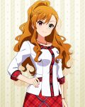  1girl blue_eyes butterfly_necklace card_commentary closed_mouth commentary_request cowboy_shot game_asset hand_on_own_hip heterochromia idolmaster idolmaster_(classic) idolmaster_million_live! idolmaster_million_live!_theater_days idolmaster_one_for_all jewelry leon_(idolmaster) long_hair looking_at_viewer necklace office_mate_(idolmaster) official_alternate_costume official_art orange_hair pink_eyes plaid_clothes plaid_skirt ponytail red_skirt shirt skirt smile solo standing third-party_source three-quarter_sleeves white_shirt 