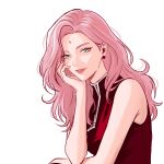  1girl alternate_hairstyle bare_arms bare_shoulders boruto_(series) breasts chococurrent close-up commentary earrings eyelashes facial_mark forehead_mark green_eyes haruno_sakura head_rest high_collar highres jewelry long_hair looking_at_viewer naruto_(series) parted_lips pink_hair pink_lips red_shirt shirt simple_background sleeveless sleeveless_shirt small_breasts untranslatable_commentary wavy_hair white_background 