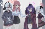  4girls :d arms_behind_back aru_(blue_archive) black_flower black_hair black_hat black_jacket black_skirt blue_archive borrowed_clothes breasts brown_eyes brown_jacket brown_skirt closed_mouth clothes_writing collared_shirt commentary_request dress_shirt flower frilled_skirt frills fur-trimmed_jacket fur-trimmed_sleeves fur_trim garrison_cap gloves grey_hair grey_hoodie hair_between_eyes hair_flower hair_ornament hairclip halo hands_in_pockets haruka_(blue_archive) hat highres hood hood_down hoodie jacket jacket_on_shoulders kayoko_(blue_archive) long_sleeves medium_breasts multicolored_hair multiple_girls mutsuki_(blue_archive) neck_ribbon outdoors pink_hair pleated_skirt problem_solver_68_(blue_archive) puffy_long_sleeves puffy_sleeves purple_eyes purple_hair rain red_eyes red_ribbon red_shirt ribbon ryoji_minato shirt short_sleeves side_ponytail skirt smile two-tone_hair white_gloves white_hair white_shirt 