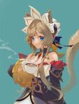  1girl absurdres animal_ears bare_shoulders black_collar black_sleeves blue_eyes blush bonnet bow brown_hair cat_ears cat_girl cat_tail closed_mouth coffee coffee_mug collar commentary cup detached_collar detached_sleeves dress furioso genshin_impact gloves green_background headdress highres holding holding_cup kemonomimi_mode long_sidelocks long_sleeves looking_at_viewer mug sandrone_(genshin_impact) short_hair short_hair_with_long_locks sidelocks simple_background solo steam tail tail_raised untranslatable_commentary white_headdress 