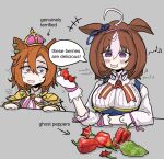  +++ 2girls ahoge animal_ears arm_rest armor arrow_(symbol) blush brown_hair chili_pepper commentary constricted_pupils crown ear_ribbon earclip eating elbow_rest english_commentary english_text food gloves hair_between_eyes hairband hand_rest height_difference highres holding holding_food horse_ears jewelry long_sleeves looking_at_food looking_at_object medium_hair meisho_doto_(turbulent_blue)_(umamusume) meisho_doto_(umamusume) multicolored_hair multiple_girls musical_note nervous_smile nervous_sweating partially_shaded_face photo_inset pink_hair pink_hairband purple_eyes scared shoulder_armor smile sweat t.m._opera_o_(o_sole_suo!)_(umamusume) t.m._opera_o_(umamusume) trembling tunaplus_c twitter_username two-tone_hair umamusume upper_body 