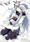 1girl altina_orion animal ankle_boots ascot ayasato_karen black_pantyhose black_rabbit_(animal) black_ribbon blue_ascot blue_skirt boots closed_mouth commentary_request eiyuu_densetsu flat_cap floating_hair green_eyes hair_between_eyes hair_ribbon hand_on_own_hat hat highres holding holding_animal holding_rabbit hood hood_down hoodie kai_no_kiseki kneeling kuro_no_kiseki_(series) long_hair long_sleeves outdoors pantyhose plaid_clothes plaid_skirt rabbit ribbon skirt smile snow snowing solo tress_ribbon two_side_up very_long_hair white_boots white_hair white_hat white_hoodie wispy_bangs 