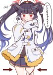  1girl :o alternate_costume antenna_hair arrow_(symbol) black_hair black_horns black_skirt blue_archive blunt_bangs blush breath clenched_hand coat commentary_request cowboy_shot demon_girl demon_horns food_print fuuka_(blue_archive) hair_intakes hair_on_horn halo hand_up highres horns jitome leg_ribbon long_hair long_sleeves looking_at_viewer miniskirt onigiri_print open_mouth pleated_skirt puffy_long_sleeves puffy_sleeves red_eyes red_halo red_ribbon ribbon scarf sidelocks signature simple_background skirt solo speech_bubble tanabata_natsuki translation_request twintails very_long_hair white_background white_coat white_ribbon white_scarf winter_clothes 