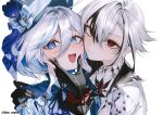  2girls :d @_@ absurdres arlecchino_(genshin_impact) ascot black_knight black_nails black_streaks blue_ascot blue_bow blue_eyes blue_gem blue_hat blue_streaks blue_suit blush bow butterfly_ornament closed_mouth coat colored_extremities commentary_request cowlick frilled_sleeves frills furina_(genshin_impact) gem genshin_impact hair_between_eyes hair_intakes hand_on_another's_face hand_on_another's_shoulder hat hat_bow highres jacket korean_commentary long_sleeves looking_at_viewer looking_to_the_side medium_hair multicolored_hair multiple_girls nail_polish nervous_smile nervous_sweating open_mouth red_eyes red_nails simple_background smile streaked_hair suit suit_jacket sweat symbol-shaped_pupils top_hat vision_(genshin_impact) white_background white_coat white_hair x-shaped_pupils 