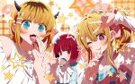  3girls 4b-enpitsu :3 arima_kana b-komachi_(new) beret blonde_hair blue_bow blue_eyes blush bow bowtie commentary cup dress fang food hand_up hat highres holding holding_cup horns hoshino_ruby long_hair macaron memcho multicolored_hair multiple_girls one_eye_closed open_mouth oshi_no_ko pinafore_dress pink_dress pink_eyes red_eyes red_hair roots_(hair) shirt short_hair sidelocks sleeveless sleeveless_dress star-shaped_pupils star_(symbol) symbol-shaped_pupils w white_bow white_bowtie white_hat white_shirt 