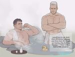  2boys bara blonde_hair bottle brown_hair chris_redfield closed_mouth collarbone commentary crossed_arms cup english_commentary facial_hair goatee holding holding_cup jason_(resident_evil) looking_at_another looking_at_viewer male_focus multiple_boys muscular muscular_male naked_towel nude onsen parted_lips partially_submerged pectorals request_inset resident_evil resident_evil:_infinite_darkness resident_evil_village sakazuki sake_bottle sardine_(kjr0313) short_hair short_sideburns sideburns signature smile standing towel towel_on_head towel_on_one_shoulder very_short_hair water 