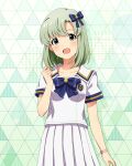  1girl blue_bow blue_bowtie blush bow bowtie card_commentary commentary_request cowboy_shot game_asset green_hair grey_eyes hair_bow hand_up idolmaster idolmaster_(classic) idolmaster_million_live! idolmaster_million_live!_theater_days idolmaster_stella_stage looking_at_viewer medium_hair mole mole_under_eye official_art open_mouth pleated_skirt school_uniform shiika_(idolmaster) shirt short_sleeves skirt smile solo standing third-party_source white_shirt white_skirt 