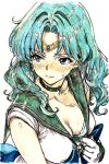  1girl absurdres aqua_eyes aqua_hair back_bow bishoujo_senshi_sailor_moon blue_bow blue_bowtie bow bowtie breasts choker circlet cleavage clothes_pull commentary elbow_gloves gloves graphite_(medium) green_choker green_sailor_collar highres i4teruz kaiou_michiru long_hair looking_to_the_side magical_girl sailor_collar sailor_neptune sailor_senshi sailor_senshi_uniform simple_background solo sweatdrop traditional_media upper_body white_background white_gloves 