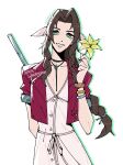  1girl aerith_gainsborough bracelet braid braided_ponytail brown_hair buttons choker commentary cropped_jacket dress english_commentary final_fantasy final_fantasy_vii final_fantasy_vii_remake flower flower_choker gold_bangle green_eyes hair_ribbon highres holding holding_behind_back holding_flower holding_staff holding_weapon_behind_back jacket jewelry long_hair looking_at_viewer multiple_bracelets parted_bangs parted_lips pink_dress pink_lips pink_ribbon red_jacket ribbon sidelocks silver_bangle single_braid smile solo staff teeth trizziefrizzie twitter_username upper_body white_background yellow_flower 