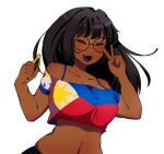  >_< 1girl :3 :d aida_mihan black_pants blush breasts cellphone collarbone colored_teeth commentary crop_top dark-skinned_female dark_skin english_commentary fangs filipino_wojak flag_print_shirt floating_hair highres holding holding_phone long_hair midriff navel open_mouth original pants philippine_flag_print phone simple_background skindentation smartphone smile solo upper_body v white_background wojak yellow_teeth 