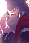  1boy 1girl 1nuyaki absurdres bandaged_hand bandages black_hair black_jacket blade_(honkai:_star_rail) commentary drill_hair earrings english_commentary fingerless_gloves from_side fur-trimmed_jacket fur_trim gloves grey_hair hair_over_eyes hair_ribbon hand_on_another's_head height_difference high_ponytail highres honkai:_star_rail honkai_(series) jacket jewelry long_hair mortenax_blade_(honkai:_star_rail) ponytail red_jacket ribbon silver_wolf_(honkai:_star_rail) simple_background tassel upper_body white_background 
