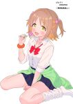  1girl :d alternate_hairstyle artist_name black_skirt blush bow bowtie breast_pocket brown_hair candy clothes_around_waist colored_inner_hair commentary fang food full_body green_eyes green_jacket green_nails gyaru hair_intakes highres holding holding_candy holding_food holding_lollipop jacket jacket_around_waist kogal lollipop looking_at_viewer loose_bowtie loose_socks miniskirt multicolored_hair nail_polish no_shoes oka_asahi onii-chan_wa_oshimai! open_mouth orange_hair pa_panahana pleated_skirt pocket red_bow red_bowtie scrunchie shirt short_hair simple_background sitting skirt sleeves_rolled_up smile socks solo two-tone_hair two_side_up wariza white_background white_shirt white_socks wing_collar wrist_scrunchie 