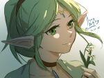  1girl artist_name choker circlet commentary_request dated elf feesh flower green_eyes green_hair happy_birthday highres holding holding_flower light_smile lily_of_the_valley long_hair memmeln_(zenshuu) pointy_ears sidelocks smile zenshuu 