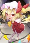  1girl artist_name ascot blonde_hair blurry bow collared_shirt commentary_request crystal crystal_wings depth_of_field flandre_scarlet frilled_shirt_collar frills full_body futa_(nabezoko) hat hat_bow long_hair looking_at_viewer mob_cap multicolored_wings one_side_up open_mouth puffy_short_sleeves puffy_sleeves red_bow red_eyes red_skirt red_vest shirt short_sleeves skirt skirt_set smile socks solo touhou vest watermark white_hat white_shirt white_socks wings yellow_ascot 