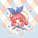  1girl absurdres artist_request back_bow bare_shoulders beret blue_bow blue_bowtie blue_dress blue_flower blue_sleeves blush_stickers bow bowtie brown_eyes bubbly_voyage_(infinity_nikki) chibi chinese_commentary colorful_background commentary_request commission detached_sleeves dress eyelashes flower frilled_dress frills hair_rings happy hat hat_bow hat_ornament highres infinity_nikki nikki_(nikki) nikki_(series) open_mouth outline patchworks petals pink_hair red_shoes second-party_source shoes short_dress short_hair short_sleeves sidelocks sleeveless sleeveless_dress smile solo star_(symbol) star_hat_ornament tareme v white_hat white_outline 