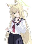  1girl animal_ear_fluff animal_ears black_choker black_sailor_collar black_skirt blonde_hair blue_archive blush choker closed_mouth clothes_lift commentary finger_to_mouth fox_ears fox_girl green_eyes green_halo hair_between_eyes halo hand_up heart highres index_finger_raised kamitosayu kurumi_(blue_archive) lifting_own_clothes long_hair long_sleeves looking_at_viewer midriff_peek navel neckerchief one_eye_closed pleated_skirt red_neckerchief sailor_collar school_uniform shirt shirt_lift shushing simple_background skirt smile solo triangle_halo two_side_up white_background white_shirt 