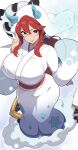  1girl adjusting_eyewear breasts closed_mouth commentary_request cosplay curvy evolutionary_line froslass glalie glasses gradient_eyes heart heart-shaped_pupils highres japanese_clothes kimono large_breasts long_hair lorelei_(pokemon) low_ponytail mega_froslass mega_froslass_(cosplay) mituyota_76 multicolored_eyes on_cloud pokemon pokemon_(creature) pokemon_red/green/blue/yellow ponytail red_hair smile snorunt snowflakes symbol-shaped_pupils white_kimono 