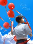 1boy balloon belt birthday_date black_hair blue_sky brown_belt cloud commentary_request day from_behind happy_birthday highres holding holding_balloon ikari_shinji male_focus moyangahdid neon_genesis_evangelion outdoors shirt shirt_tucked_in short_sleeves sky solo suit_pants white_shirt 