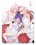  1other 25-ji_luka 2girls absurdres akiyama_mizuki armchair asahina_mafuyu bare_arms bare_shoulders blush border breasts chair cleavage closed_eyes closed_mouth clothing_cutout collarbone commentary_request crossed_bangs dress falling_petals feet_out_of_frame frilled_thigh_strap hair_between_eyes hair_over_shoulder hair_ribbon hand_on_own_thigh hands_up highres large_breasts long_hair long_sidelocks looking_at_viewer megurine_luka multiple_girls on_chair parted_lips petals pink_eyes pink_hair ponytail project_sekai propose_(cevio) purple_eyes purple_hair red_petals ribbon shirt short_dress shorts side_ponytail sidelocks simple_background sitting sleeveless sleeveless_shirt smile strapless strapless_dress tamao_tamaki thigh_strap veil very_long_hair vocaloid white_background white_border white_dress white_ribbon white_shirt white_shorts 
