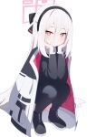  1girl absurdres black_hairband black_thighhighs blue_archive blush bright_pupils chinese_commentary commentary_request double-parted_bangs elbows_on_knees hair_between_eyes hairband half_updo halo hands_on_own_face head_rest highres jacket jacket_on_shoulders kei_(blue_archive) kei_(student)_(blue_archive) long_hair long_hair_between_eyes long_sleeves looking_at_viewer mou_buzhiming_huashi multicolored_jacket pink_eyes pink_halo rectangular_halo ringed_eyes simple_background smile solo squatting thighhighs two-tone_jacket very_long_hair white_background white_hair white_jacket white_pupils 