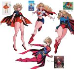  absurdres bare_legs blonde_hair blue_gloves bodysuit boots breasts cape crop_top dc_comics f3lla flats gloves high_heel_boots high_heels highres long_hair miniskirt multiple_persona red_cape reference_inset skirt sleeveless sleeveless_bodysuit supergirl superhero_costume superman:_the_animated_series superman_(series) superman_logo thigh_boots white_gloves 