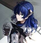  1girl arknights black_halo black_horns blue_eyes blue_hair brown_coat coat commentary_request cup demon_horns detached_wings disposable_coffee_cup disposable_cup drink energy_wings fallen_angel frappuccino fur-trimmed_coat fur_trim gloves gomago_magoma halo highres holding holding_cup holding_drink horns looking_at_viewer medium_hair mostima_(arknights) solo white_gloves wings 