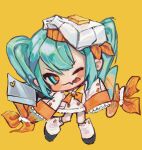  1girl aqua_eyes aqua_hair blush butter chef_hat chibi chibi_only cleaver flea_(artist) food hat hatsune_miku highres holding holding_cleaver neckerchief one_eye_closed orange_neckerchief orange_pupils shrimpku solo tongue tongue_out v-shaped_eyebrows vocaloid yuki_miku yuki_miku_(2024)_(applicant) 