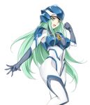 1girl :d alternate_costume armor black_gloves blue_helmet bodysuit breasts character_name clenched_hand commentary_request feet_out_of_frame fire_emblem fire_emblem:_path_of_radiance fire_emblem:_radiant_dawn gloves green_eyes green_hair hand_up helmet large_breasts long_hair looking_at_viewer medium_breasts nephenee_(fire_emblem) open_mouth outstretched_arm science_fiction shoulder_armor simple_background smile solo standing tsunashima_shirou very_long_hair white_background white_bodysuit 