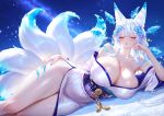  1girl absurdres alternate_costume animal_ear_fluff animal_ears azur_lane bare_shoulders blue_nails blush breasts cleavage closed_eyes collarbone commentary elbow_rest fingernails fox_ears fox_girl fox_tail hand_on_own_thigh highres huge_breasts japanese_clothes kimono long_fingernails long_hair lying multiple_tails nail_polish obi off_shoulder on_side parted_lips sash second-party_source shinano_(azur_lane) sky solo star_(sky) starry_sky studiopokotan tail thighs white_hair white_kimono 