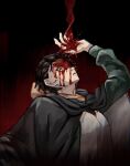  1boy arm_above_head black_background black_cloak black_hair blood blood_on_face blood_on_hand brown_scarf cloak commentary_request green_jacket grey_shirt highres jacket looking_at_viewer natsuki_subaru orange_eyes re:zero_kara_hajimeru_isekai_seikatsu scarf shirt short_hair simple_background solo umaeyu upper_body 