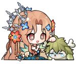  1girl animal arm_warmers artist_request bare_shoulders beads blue_flower blush_stickers bright_pupils brown_eyes brown_hair chibi cropped_legs crown deer dress dress_flower flower frilled_sleeves frills gold_necklace gown green_arm_warmers green_dress hair_beads hair_flower hair_ornament happy infinity_nikki jewelry long_hair long_sidelocks looking_at_animal mini_crown motion_lines necklace nikki_(series) off-shoulder_dress off_shoulder official_art open_mouth parted_bangs red_flower short_sleeves sidelocks smile soundless_dawn_(infinity_nikki) sproutantler_(infinity_nikki) sticker_(medium) tareme tearing_up transparent_background turn_pale very_long_hair white_crown white_pupils wrist_flower yellow_flower 