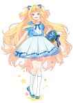  1girl animal_ears basket bead_bracelet beads blonde_hair blue_bow blue_bowtie blue_dress blue_eyes blue_flower blue_nails blue_shirt blue_shoes bon_bon_eee bow bowtie bracelet cat_ears commentary dress dress_bow earrings flower full_body highres holding holding_basket jewelry long_hair looking_at_viewer open_clothes open_mouth open_shirt seeu shirt shoes signature smile socks solo standing star_(symbol) striped_clothes striped_dress teeth two-tone_dress upper_teeth_only vertical-striped_clothes vertical-striped_dress very_long_hair vocaloid white_dress white_socks 
