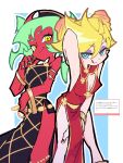  2girls armpits black_dress blonde_hair blue_eyes chinese_clothes commentary_request demon_girl dress green_eyes green_hair highres kyoukichi long_hair multiple_girls panty_&amp;_stocking_with_garterbelt panty_(psg) red_dress red_eyes scanty_(psg) yuri 
