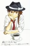  1girl absurdres asymmetrical_hair black_hat bow brown_eyes brown_hair coffee coffee_mug collared_shirt commentary_request contender41 cosplay cup expressionless fedora hand_on_own_face hat hat_bow highres iwakura_lain looking_at_viewer mug necktie red_necktie saucer serial_experiments_lain shirt short_hair sleeves_rolled_up solo touhou translation_request trash upper_body usami_renko usami_renko_(cosplay) watch white_background white_shirt wristwatch 