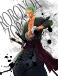 1boy character_name earrings green_hair jewelry looking_at_viewer male male_focus one-eyed one_piece robe roronoa_zoro scar solo sword weapon 