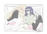  >_< 3girls ahoge black_hair black_shirt blonde_hair box cho_kaguya-hime! closed_eyes commentary_request green_eyes green_shirt green_shorts highres in_box in_container kaguya_(cho_kaguya-hime!) korean_commentary long_hair multicolored_eyes multiple_girls nervous_sweating open_mouth pajamas pink_eyes pink_shorts purple_eyes runami_yachiyo sakayori_iroha shirt short_sleeves shorts straight_hair stuck stuck_in_a_box sweat sweatdrop two-tone_eyes wheloo3rd white_hair yuri 