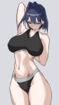  1girl absurdres arm_behind_back arm_behind_head armpit_crease armpits black_bra black_panties blue_eyes blue_hair bra breasts closed_mouth cowboy_shot daaku_(koizumi_arata) english_commentary expressionless grey_background groin hair_intakes highres hololive hololive_english large_breasts looking_down midriff navel ouro_kronii panties short_hair simple_background thick_thighs thighs toned toned_female underwear underwear_only virtual_youtuber 