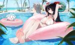  2girls absurdres armpits beach bikini black_hair blue_eyes blunt_bangs blurry blurry_background blurry_foreground blush_stickers bow bowtie braid breasts cat cleavage commentary double-parted_bangs feet food fruit grey_hair haedungi_(shirayuki_hina) hair_bow highres holding holding_food holding_fruit large_breasts long_hair looking_at_viewer maro_(neneko_mashiro) multicolored_hair multiple_girls neneko_mashiro noah0912345 ocean on_innertube otter palm_tree partially_submerged pink_bow pink_bowtie pool red_bow red_streaks shirayuki_hina single_braided_sidelock smile soles solo_focus stellive streaked_hair swimsuit tree virtual_youtuber watermelon white_bikini 