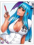  1girl artist_name bat_wings blue_background blue_hair blue_nails border breasts cleavage commentary commentary_request cosplay darkstalkers dress english_commentary green_eyes hand_up hat head_wings highres holding holding_needle large_breasts long_hair looking_at_viewer marker_(medium) morrigan_aensland needle nurse nurse_cap official_alternate_costume omar_dogan open_mouth parted_lips plunging_neckline protected_link scan short_sleeves signature sitting skull_and_crossbones solo tongue tongue_out traditional_media two-tone_background white_background white_border white_dress wings 