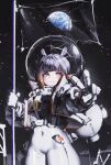  1girl absurdres blunt_bangs commentary crack cracked_glass earth_(planet) english_commentary flag gloves gradient_hair greedice half-closed_eyes halo helmet highres holding holding_flag hololive hololive_english jacket mole mole_under_eye multicolored_hair neon_trim ninomae_ina'nis orange_hair planet pointy_ears purple_eyes purple_hair raised_eyebrows sidelocks skin_tight space space_helmet spacesuit star_(sky) tentacle_hair v virtual_youtuber white_gloves white_jacket 