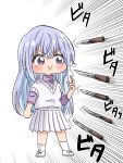  1girl blue_hair blush closed_mouth commentary_request deformed emphasis_lines full_body hand_up highres idolmaster idolmaster_shiny_colors jujutsu_kaisen knife long_hair munbato_(watari_megumi) parody pleated_skirt purple_eyes purple_shirt shirt skirt solo standing suzuki_hana sweater_vest turtleneck turtleneck_shirt v-neck v-shaped_eyebrows white_background white_skirt white_sweater_vest 